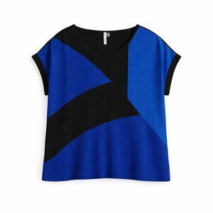 NY Collection‎ Women’s XL NWT Blue Black Pleated Colorblock Blouse Short Sleeve